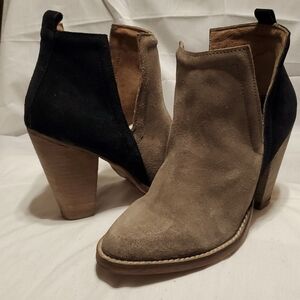 Jeffrey Campbell taupe black heeled bootie leather suede